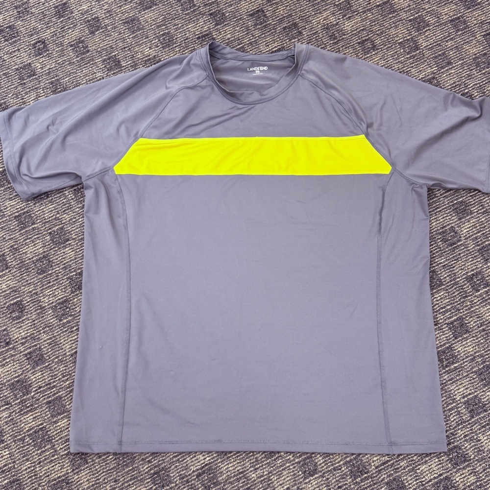 Lands‎ End Mens XXL Gray Neon Yellow Stripe Performance Athletic T-Shirt 480589